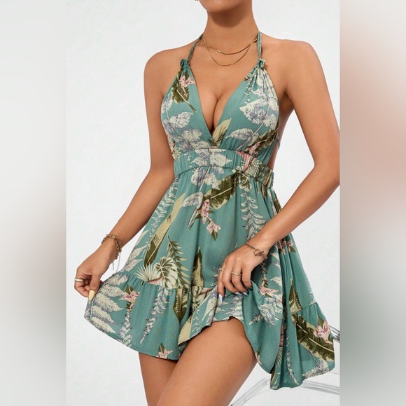 SHEIN Dresses & Skirts - NWOT SHEIN Extra Small Green Blue Multi Tropical Print Halter Tie Back Sexy Mini